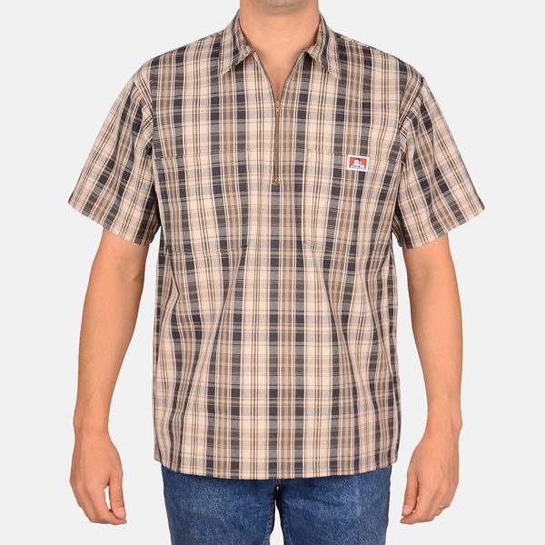 Short Sleeve Plaid 1/2 Zip Shirt - Khaki/Grey